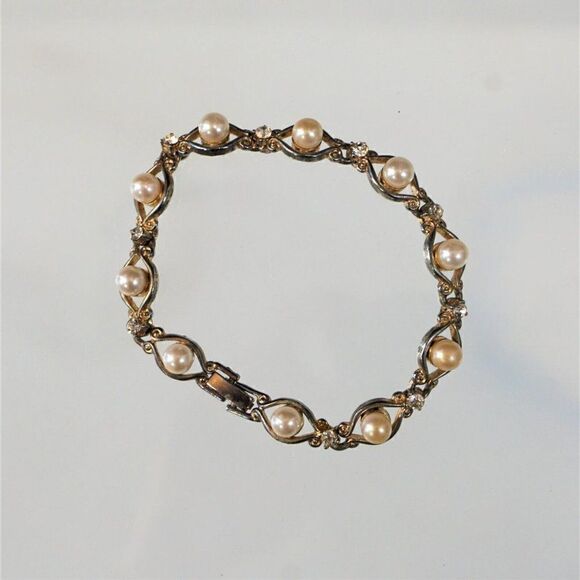 Vintage Faux Pearl Clear Rhinestone Gold Tone Link Bracelet 7 inch - Picture 2 of 6